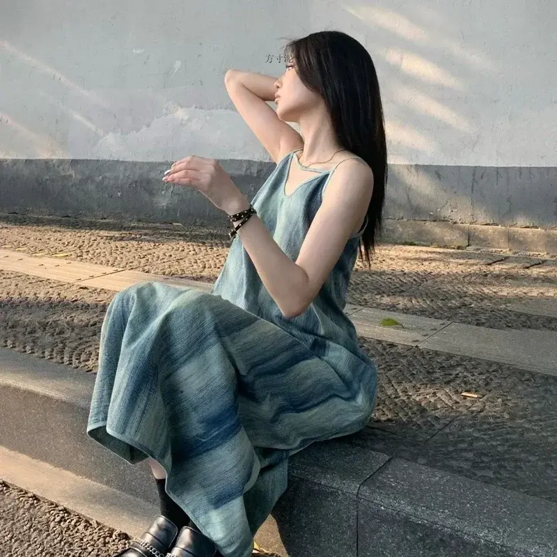 Tie Dye Suspender Dresses Spaghetti Strap Beach Women Loose Summer Seaside Long Maxi Dress 2025 Chic Sexy Party Vintage Dresses