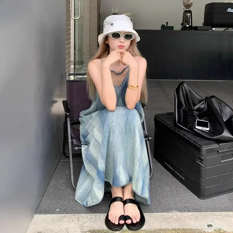 Tie Dye Suspender Dresses Spaghetti Strap Beach Women Loose Summer Seaside Long Maxi Dress 2025 Chic Sexy Party Vintage Dresses