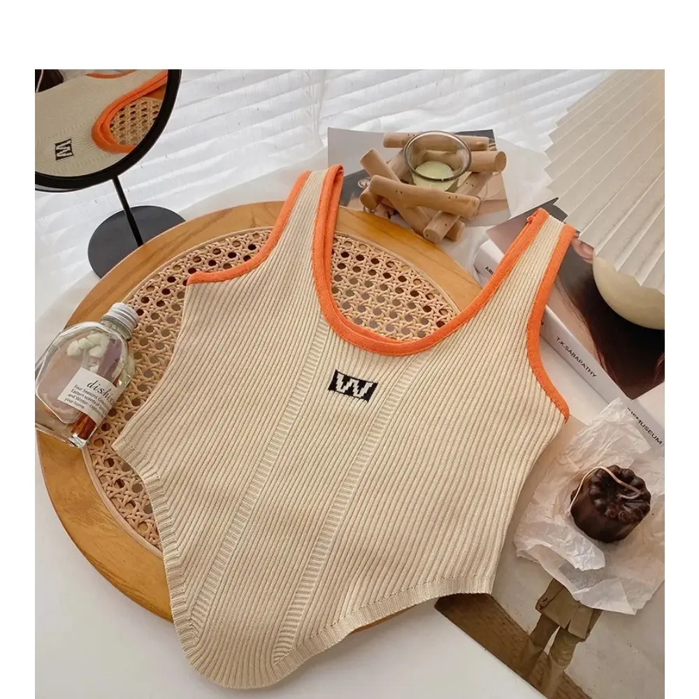 Colored Spicy Girl U-Neck Sexy Tank Top Letter Embroidered Knitted Small Suspender Shirt Short Outerwear Sexy Pure Desire