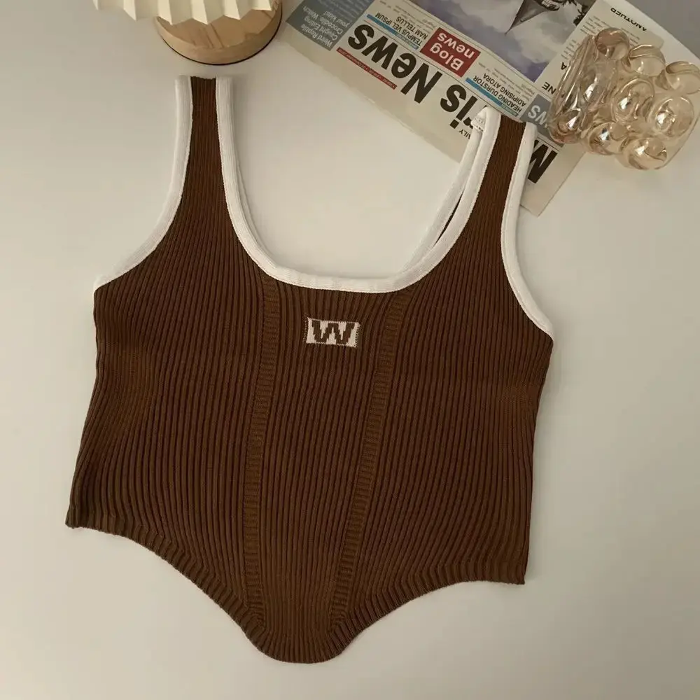 Colored Spicy Girl U-Neck Sexy Tank Top Letter Embroidered Knitted Small Suspender Shirt Short Outerwear Sexy Pure Desire
