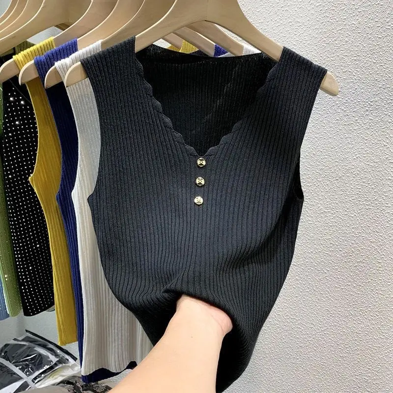 Knitted Vest Camisole Women Sexy Slim Tank Top Korean Casual V-Neck Strapless Backless Vest Summer Sleeveless Tops Female Tee