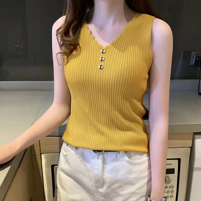 Knitted Vest Camisole Women Sexy Slim Tank Top Korean Casual V-Neck Strapless Backless Vest Summer Sleeveless Tops Female Tee