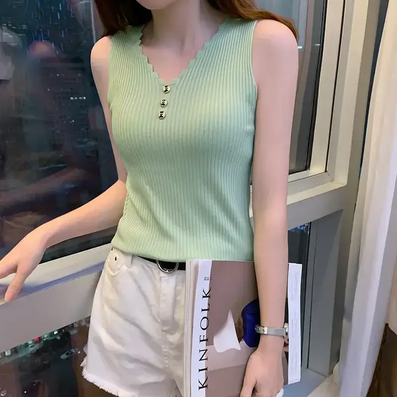 Knitted Vest Camisole Women Sexy Slim Tank Top Korean Casual V-Neck Strapless Backless Vest Summer Sleeveless Tops Female Tee