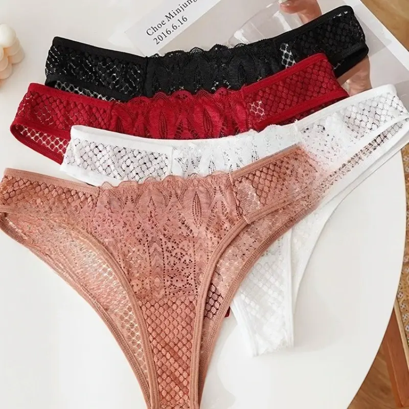 Sexy Hollow Lace Panties Thin Retro Style Solid See-through Low Waist Half Package Hip Ladies Triangle Pants