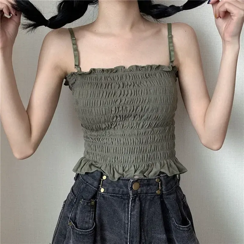 Woman Tanks Camis Wrinkles Aesthetic Cute Corset Sexy Adjustable Strap Vest Crop Female Solid Tops Girls Clothes Camisole
