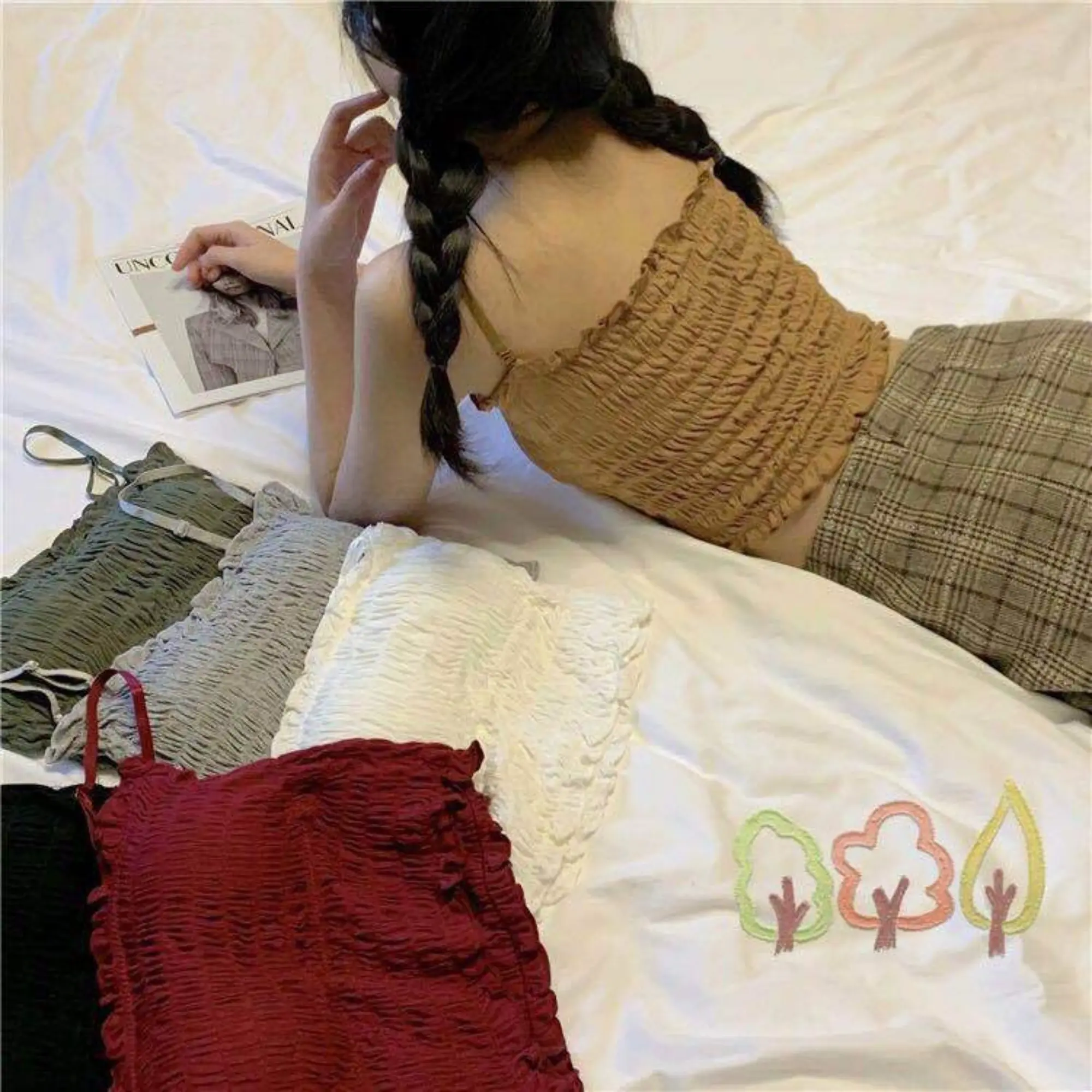 Woman Tanks Camis Wrinkles Aesthetic Cute Corset Sexy Adjustable Strap Vest Crop Female Solid Tops Girls Clothes Camisole