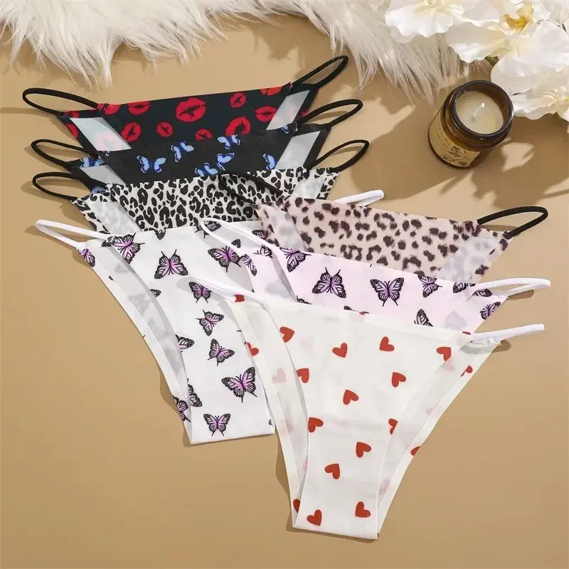 Leopard Print Briefs Ice Silk Underwear for Women Panties Low Waist Brazilian Pants Sexy Breathable Seamless Thong