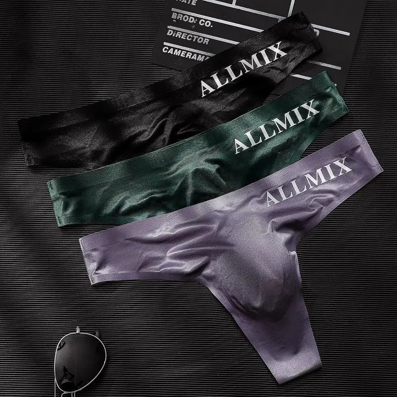 Sexy Transparent Underwear Men Sports Letter Thin Hip Panties G-Strings Ice Silk Low Waist Seamless Thongs