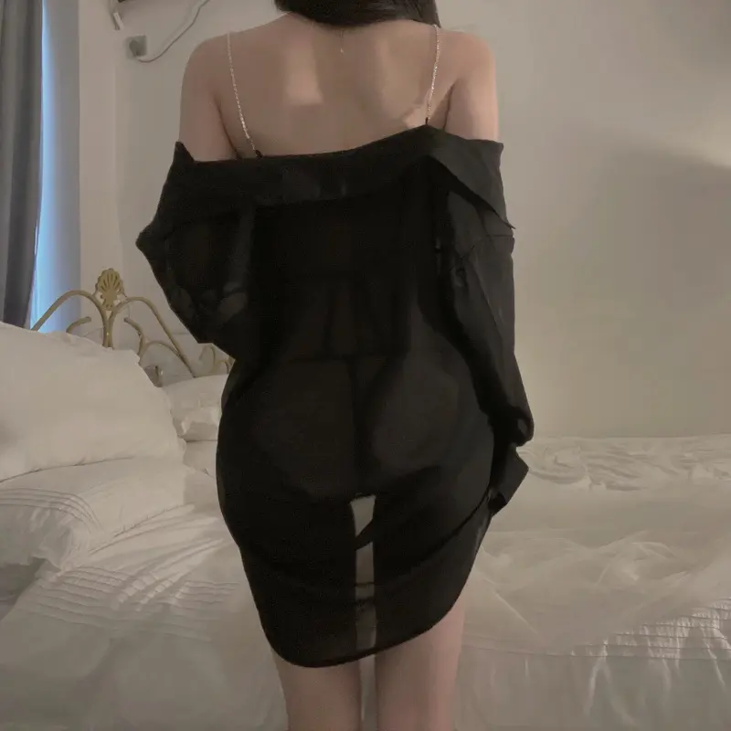 Sexy Women Spring Summer Shirts Chain Shoulder Strap Single Breasted Off Shoulder Long Sleeved Perspective Solid Color Dress QWG