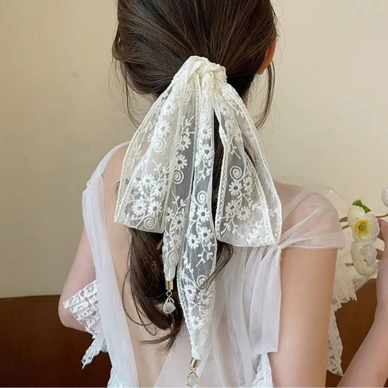 Pastoral Style Lace Hair Scarf Adjustable Soft Wrap Sweet Bow Headband Elegant Turban Accessories Ribbon Hair Strap Female