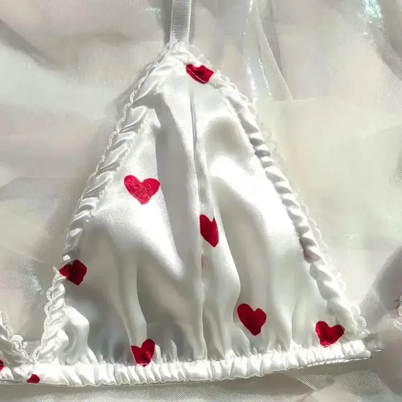 Soft Silky Satin Bra Panties Set Sexy Love Heart Shape Lingerie Bikini Knickers Pajamas Set Cute Soft Smooth Strap Nightwear