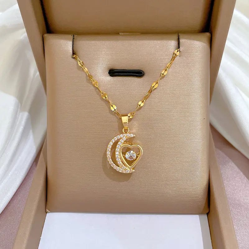 Stainless Steel Moon Heart Pendant Necklace For Women New Trend Girls Fine Chain Birthday Jewelry Gifts Bijoux