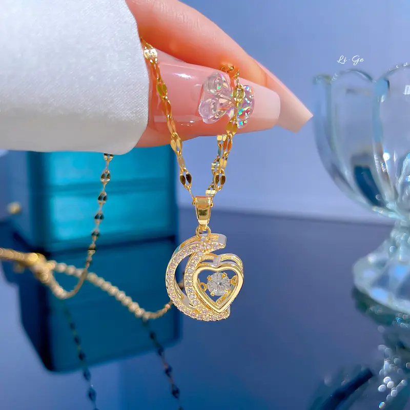 Stainless Steel Moon Heart Pendant Necklace For Women New Trend Girls Fine Chain Birthday Jewelry Gifts Bijoux
