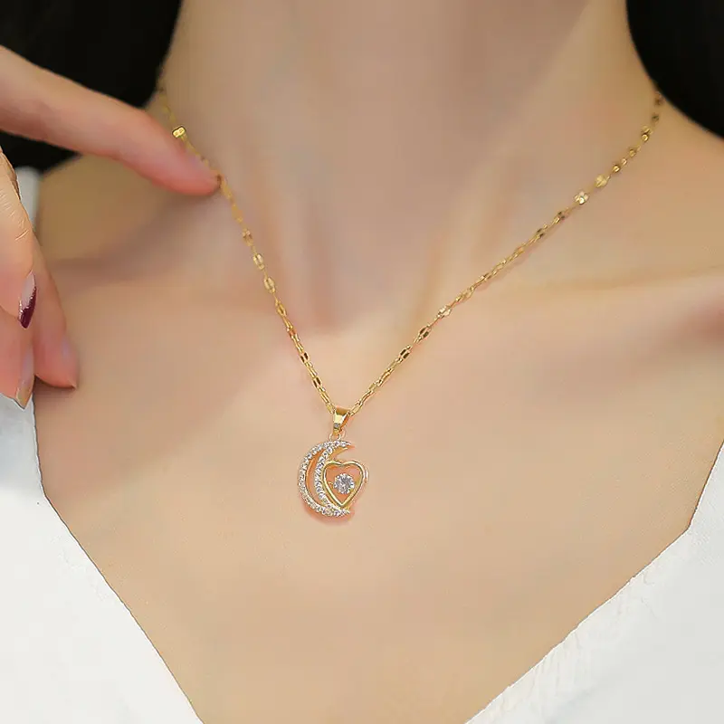 Stainless Steel Moon Heart Pendant Necklace For Women New Trend Girls Fine Chain Birthday Jewelry Gifts Bijoux