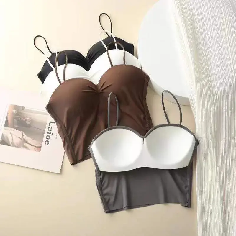 French No Trace Vest Sexy Crop Tops Women Spaghetti Strap Built In Bra Female Wireless Bralette Corset Top Camisole Lingerie