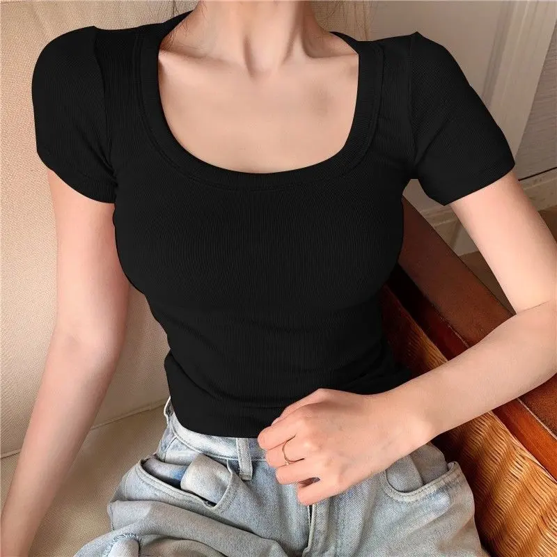 Summer T-shirt Women U-neck Slimming Top New Casual Short Sleeve Korean Tees Female Basic All-Match Crop Tops Women's Clothing