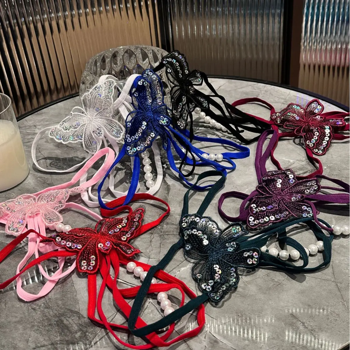 New Embroidery Flower Pearl Massage Panties Sexy Lingerie Sex Thongs Women's Open Crotch Lace T-back Underwear