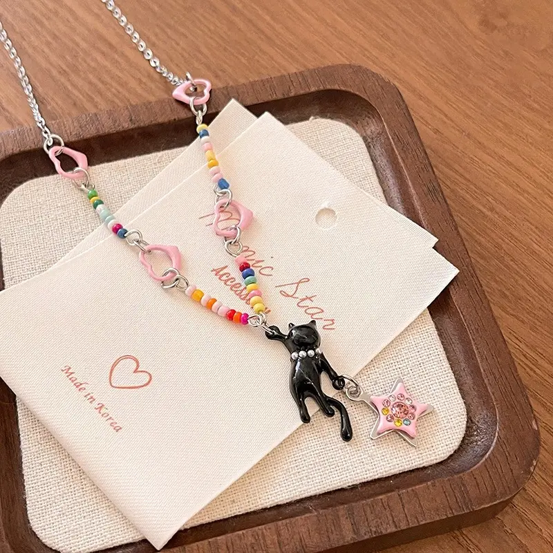 Pink Star Pendant Beaded Necklace for Grils Y2k Cute Sweet Cool Ins Style Clavicle Chain Choker Jewelry Accessories Party Gift