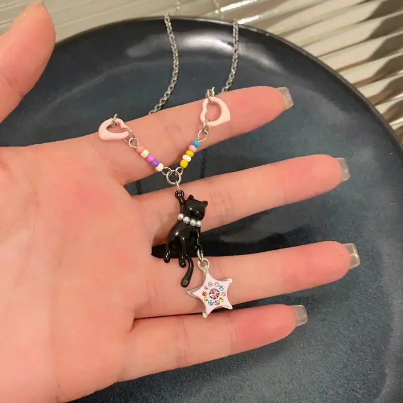 Pink Star Pendant Beaded Necklace for Grils Y2k Cute Sweet Cool Ins Style Clavicle Chain Choker Jewelry Accessories Party Gift