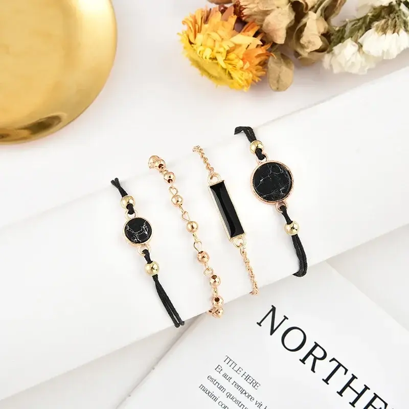 Boho Crystal Flower Beaded Bracelet Set for Women Black Pine Stone Bracelets Chains Bangle Party Summer Beach Jewelry Gifts