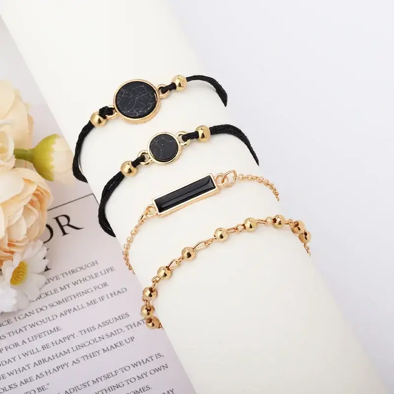 Boho Crystal Flower Beaded Bracelet Set for Women Black Pine Stone Bracelets Chains Bangle Party Summer Beach Jewelry Gifts