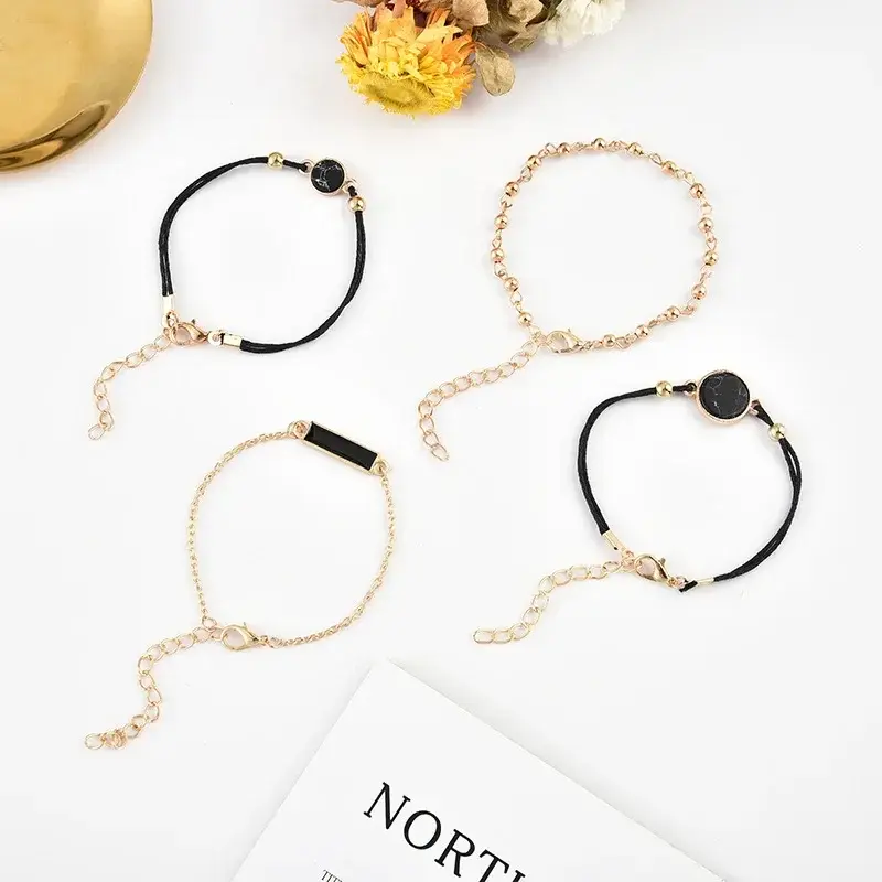 Boho Crystal Flower Beaded Bracelet Set for Women Black Pine Stone Bracelets Chains Bangle Party Summer Beach Jewelry Gifts