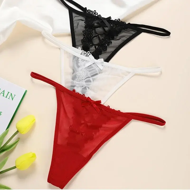 Sexy Girls G-String Lace Panties Women Briefs Hollow Out Transparent Thong Underwear Female Thin Low Waist Lingerie Size S-XL
