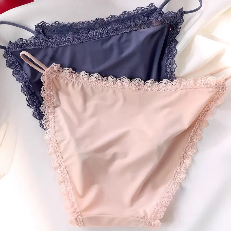 Ice Silk Women's Panties Lace Low Waist Sexy Thong Underwear Summer Solid Color Briefs Bikini G-String Ladies Lingerie