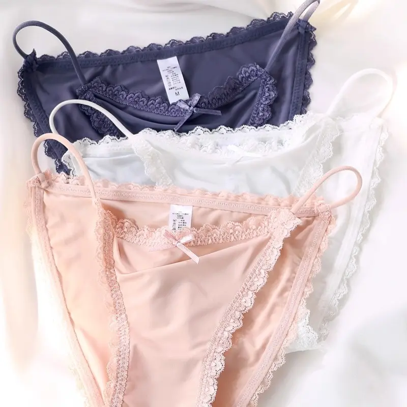 Ice Silk Women's Panties Lace Low Waist Sexy Thong Underwear Summer Solid Color Briefs Bikini G-String Ladies Lingerie