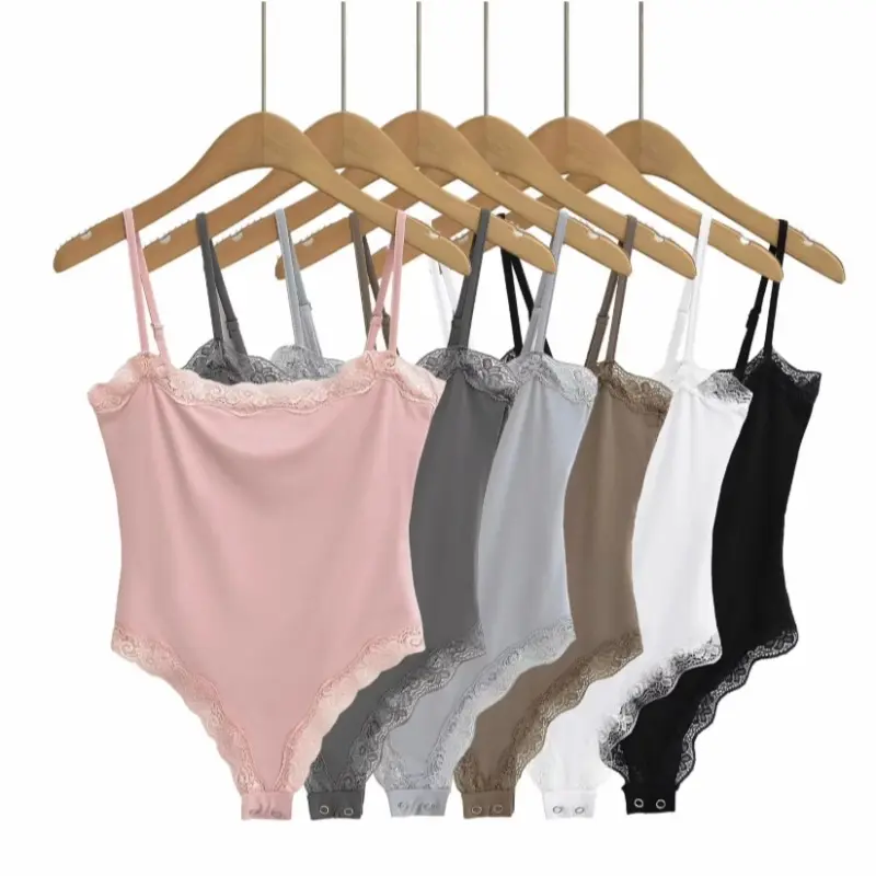 Women's Square Neck Sexy Lace Bodysuit Sleeveless Spaghetti Strap Jumpsuit Solid Color Slimming Bodycon Rompers Tank Tops