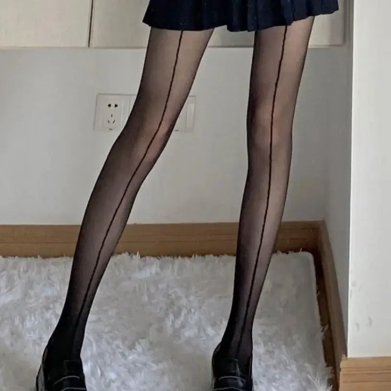 Front and Back Vertical Silk Stockings Shrimp Lines European American Retro Black Silk Sexy Thin Meat Bottomed Pantyhose