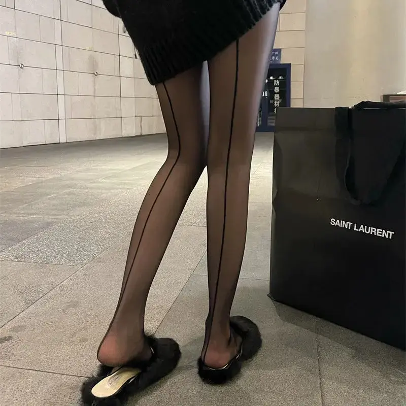 Front and Back Vertical Silk Stockings Shrimp Lines European American Retro Black Silk Sexy Thin Meat Bottomed Pantyhose