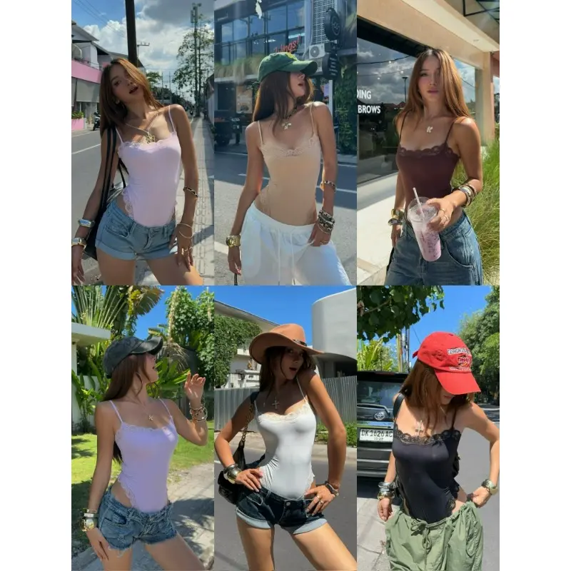 Women's Square Neck Sexy Lace Bodysuit Sleeveless Spaghetti Strap Jumpsuit Solid Color Slimming Bodycon Rompers Tank Tops