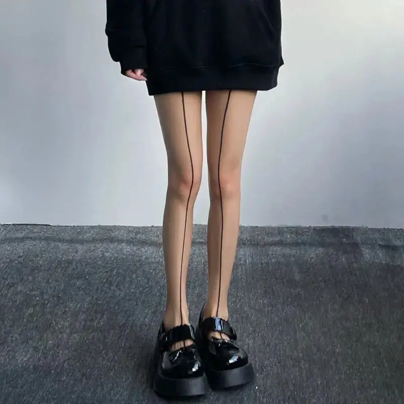Front and Back Vertical Silk Stockings Shrimp Lines European American Retro Black Silk Sexy Thin Meat Bottomed Pantyhose