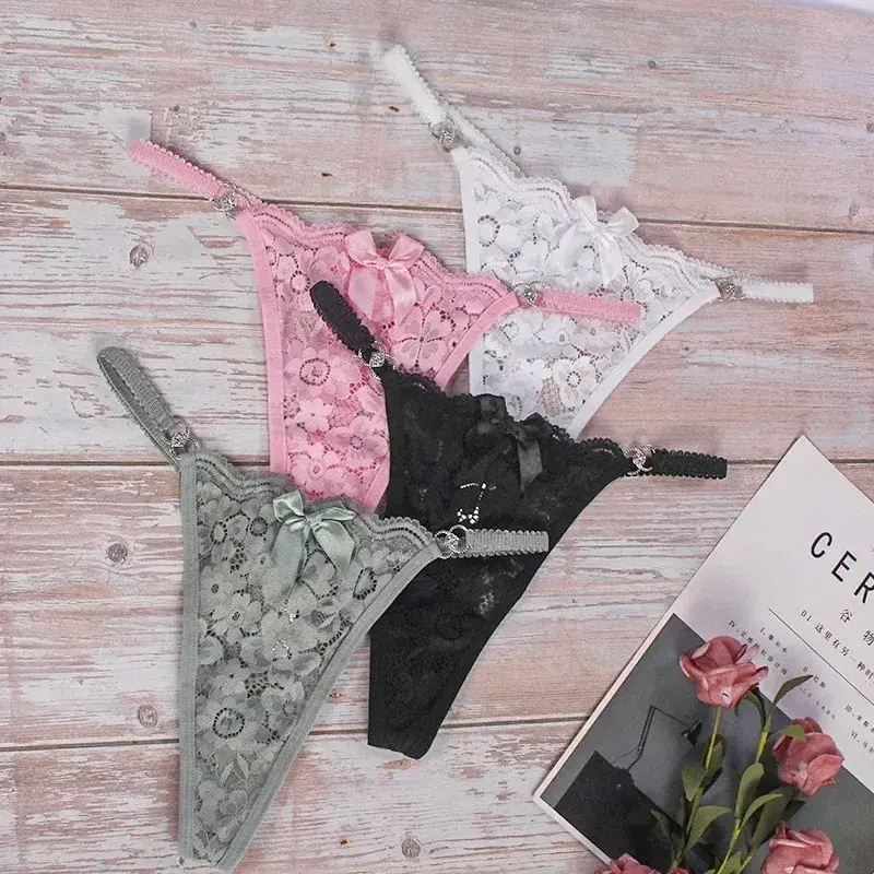 Sexy Thongs Women Bow Spaghetti Lace Panties Female Plus Size Metal Buckle Erotic Panties Comfortable G-String Wife Gift
