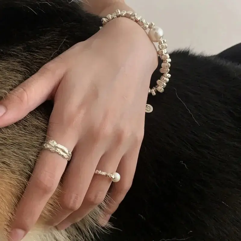 Sterling Silver Freshwater Pearl Elastic Rope Rings for Women Trendy Fine Jewelry Minimalist Adjustable Accessories Anillo Mujer