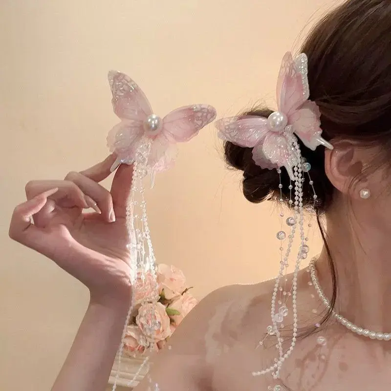 New Mesh Butterfly Rice Bead Tassel Hairpins for Women Imitation Pearl Fresh and Minimalist Duckbill Clip Sweet Barrettes