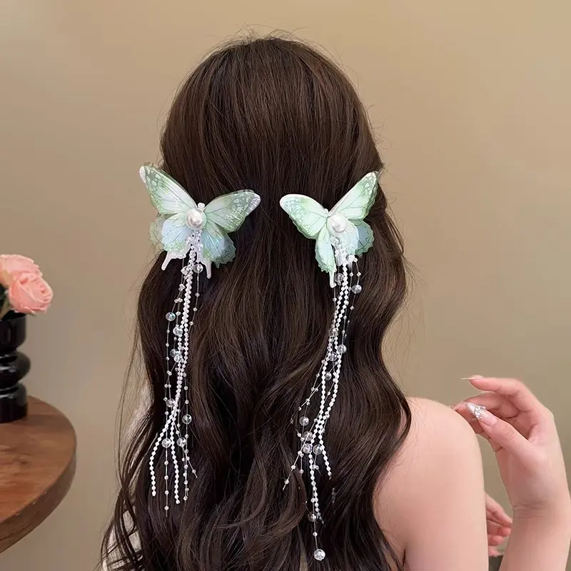 New Mesh Butterfly Rice Bead Tassel Hairpins for Women Imitation Pearl Fresh and Minimalist Duckbill Clip Sweet Barrettes
