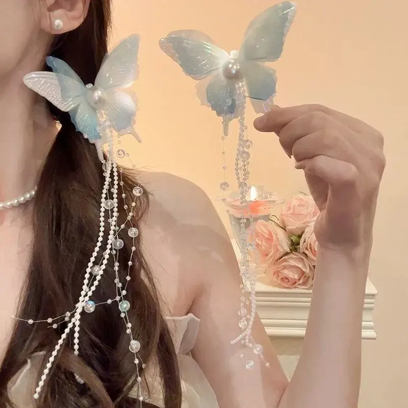 New Mesh Butterfly Rice Bead Tassel Hairpins for Women Imitation Pearl Fresh and Minimalist Duckbill Clip Sweet Barrettes