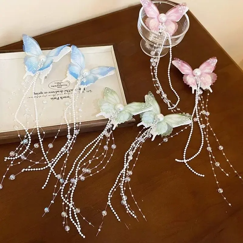 New Mesh Butterfly Rice Bead Tassel Hairpins for Women Imitation Pearl Fresh and Minimalist Duckbill Clip Sweet Barrettes