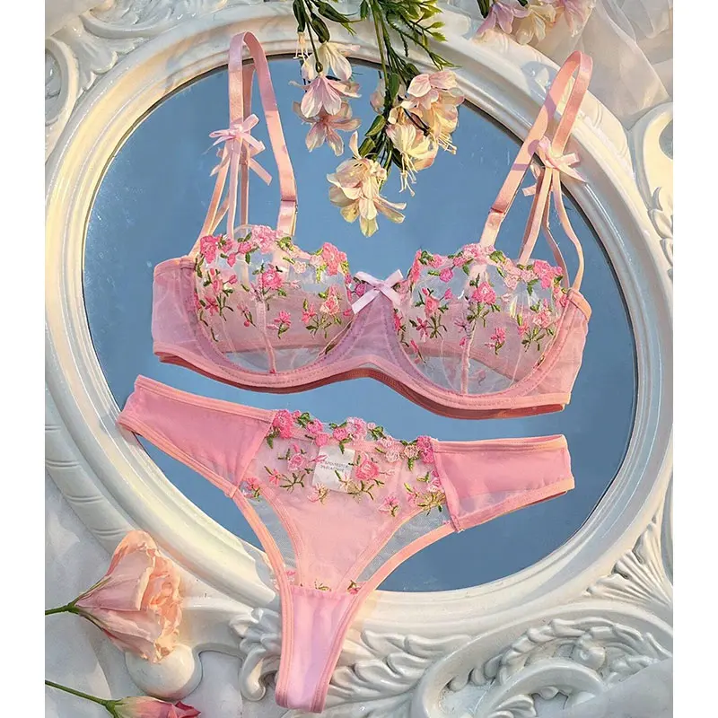 See Through Bra Sexy Adult Lingerie Open Bra Sujetadores Push-up Sexy Clothes Embroidery Transparent 2 Piece Lace Sexy Nightgown