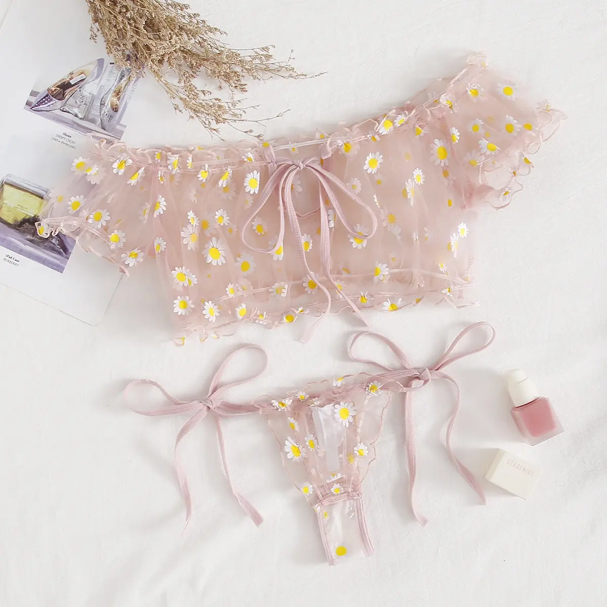 Summer Fashion Seamless Floral Transparent Women's Sexy Two-piece Bikini Tie Set Open Crotch Babydolls Chemises Adult Lingerie