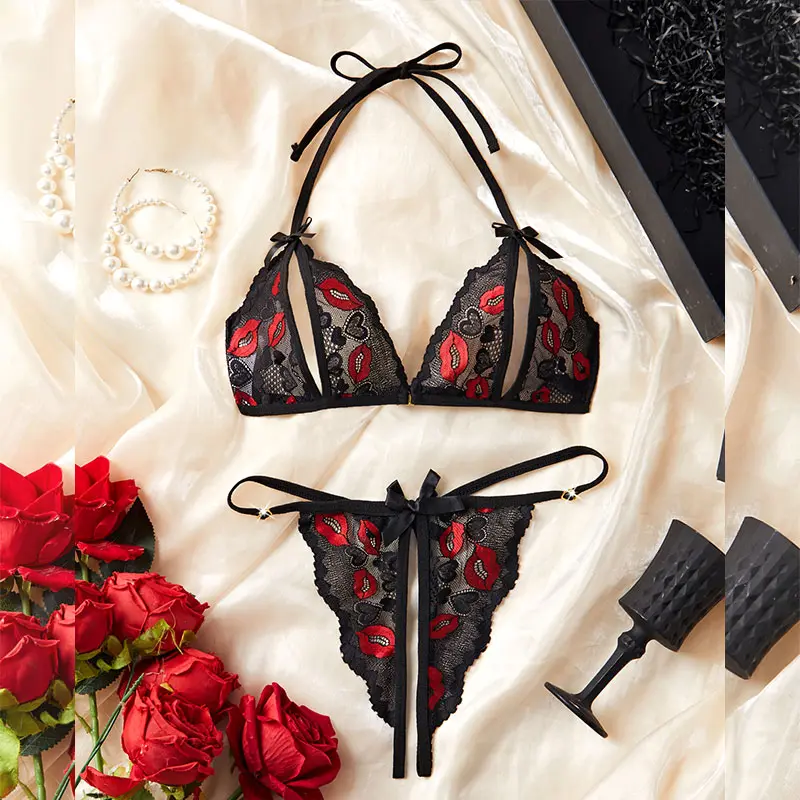 Erotic Hot Sexy Adult Women 2 Piece Set Exotic Open Hollow Out Bra Crotch Lace Sexy Transparent Underwear Sexy Lingerie Set