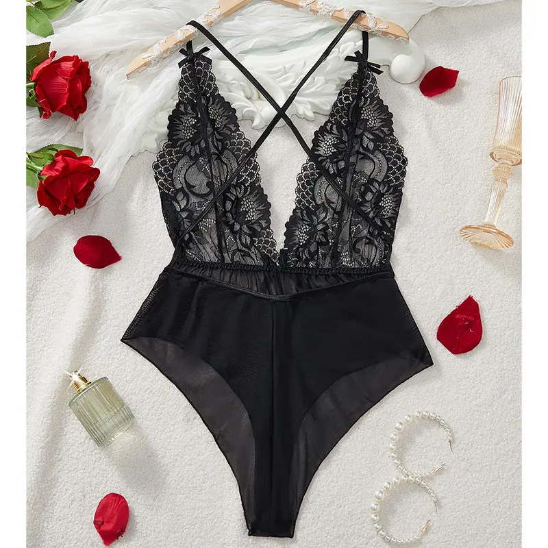 Women Sexy Lingerie Mesh Transparent Deep V Sleeveless See Through Erotic Bra Sexy Adult Lingerie Hollow Out Mini Nightgown