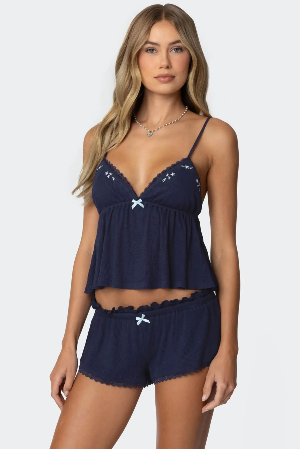 Women's Summer Pajamas Set Stylish Embroidery Lace Trim Camisole Tops with Shorts Lounge Wear 2 Pcs Set