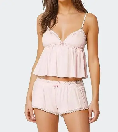 Women's Summer Pajamas Set Stylish Embroidery Lace Trim Camisole Tops with Shorts Lounge Wear 2 Pcs Set