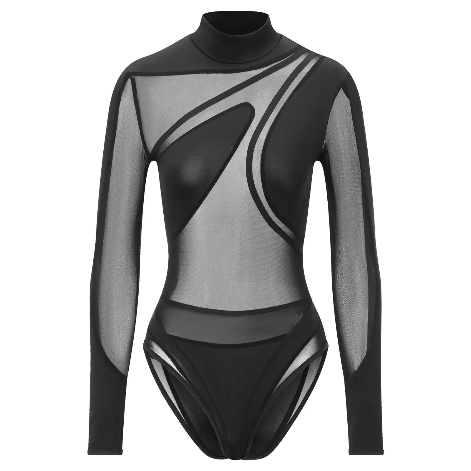 Women Bodysuit, Long Sleeve Turtleneck Patchwork Slim Fit Romper Sheer Tops Clubwear