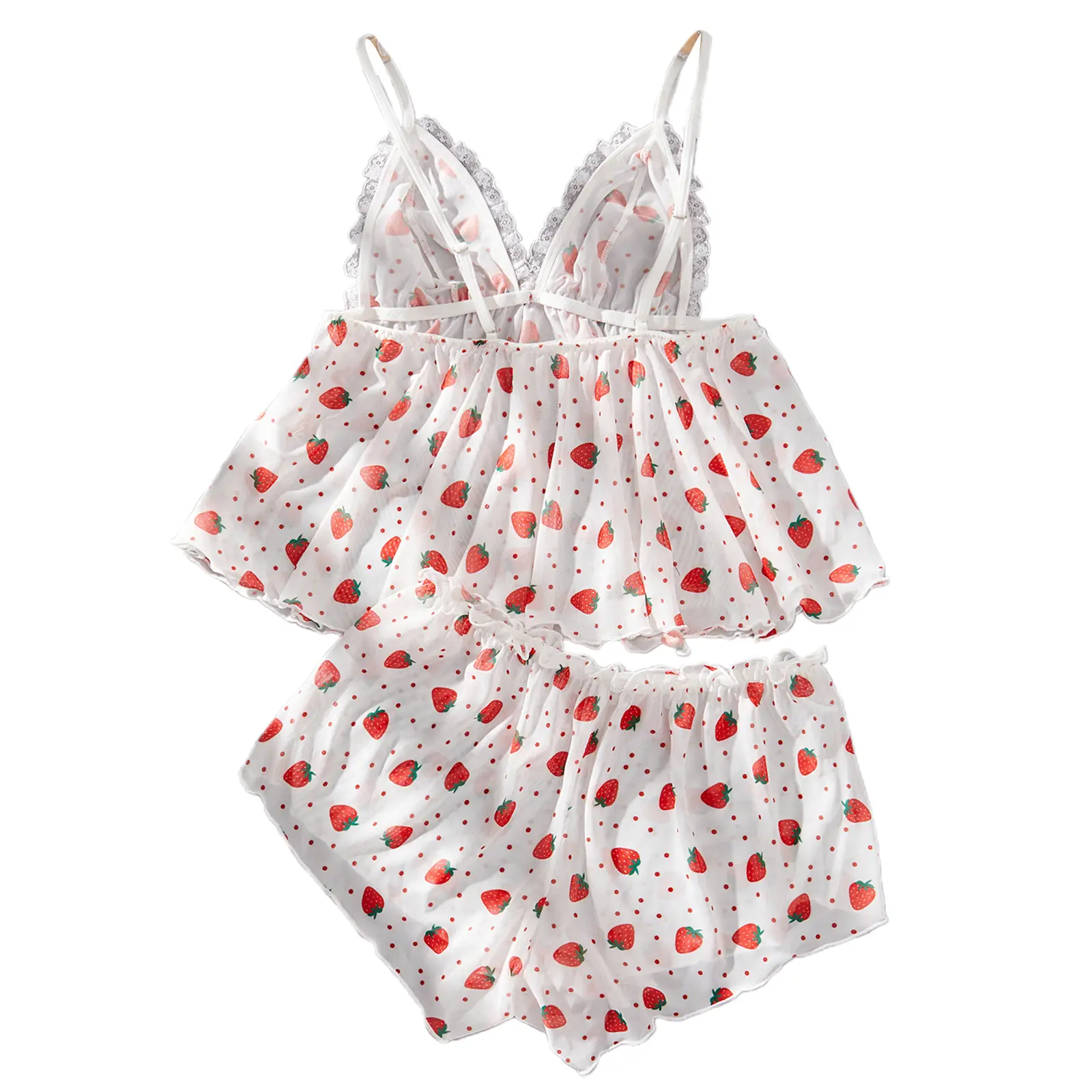 Women Pajama Shorts Set Strawberry Print Lace Trim V Neck Cami Tops Mini Shorts 2 Pcs Sleepwear Outfit