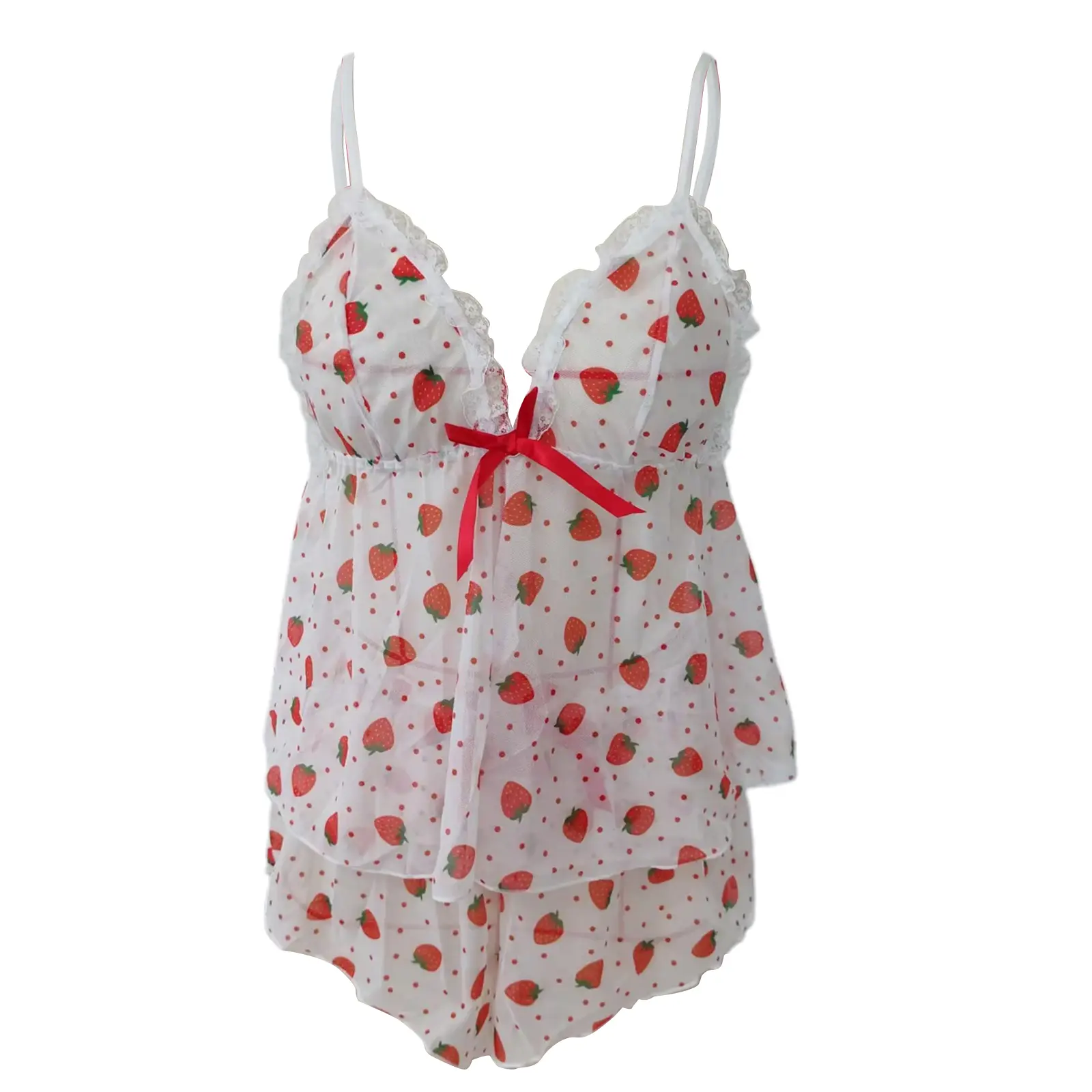 Women Pajama Shorts Set Strawberry Print Lace Trim V Neck Cami Tops Mini Shorts 2 Pcs Sleepwear Outfit