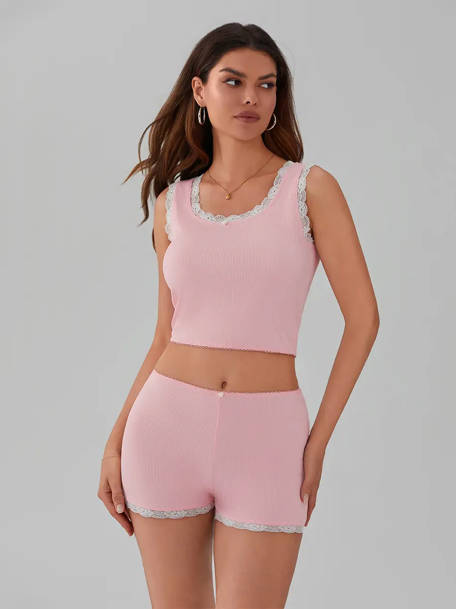 Women's Casual 2 Piece Summer Set, Lace Trim Scoop Neck Soft Crop Tank Tops + Elastic Waist Short Casual Outfits